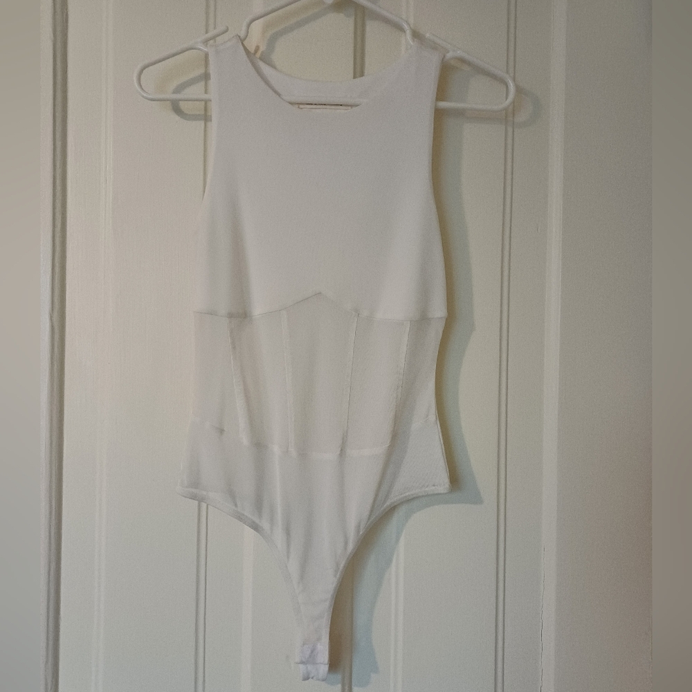 Soft White Sleeveless Bodysuit With Sheer Midriff